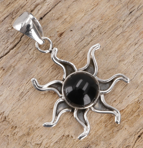 Ethno silver pendant, mexican sun pendant - Onyx Ø2,5 cm