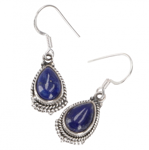 Drop shaped indian silver earrings, boho earrings - lapis lazulite - 2,5x1 cm