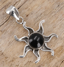 Ethno silver pendant, Mexican sun pendant - Onyx
