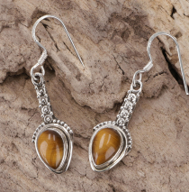 Ornate Boho Silver Earrings, Indian Gemstone Earrings - Tiger Eye