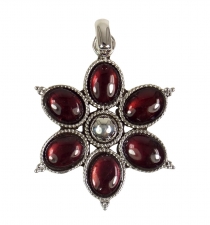 Ethno flowers silver pendant, indian boho chain pendant - garnet