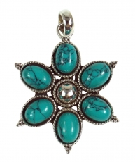 Ethno flowers silver pendants, Indian boho chain pendant - turquo..