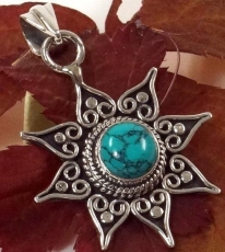 Ethno silver pendant, Brazilian sun pendant - turquoise