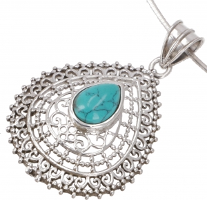 Ethno silver pendant, openwork indian chain pendant - turquoise - 4x3 cm