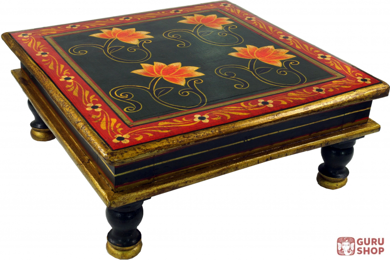 Guru-Shop Bemalter Kleiner Tisch 16x38x38 cm Kaffeetische & Bodentische Blumenbank Seerose Blau/rot/gelb Minitisch